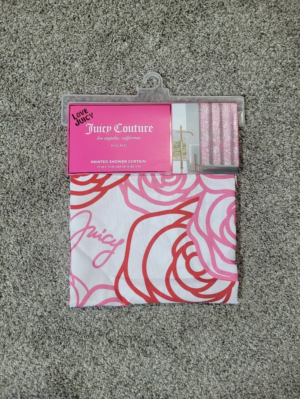 Juicy Couture Fabric Shower Curtain 72x72 Pink Red Floral Logo Spellout Y2K